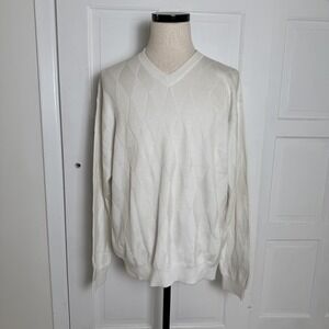 Talbots Sweater Mens 2XL Ivory V Neck Diamond Argyle Knit Mercerized Pima Cotton